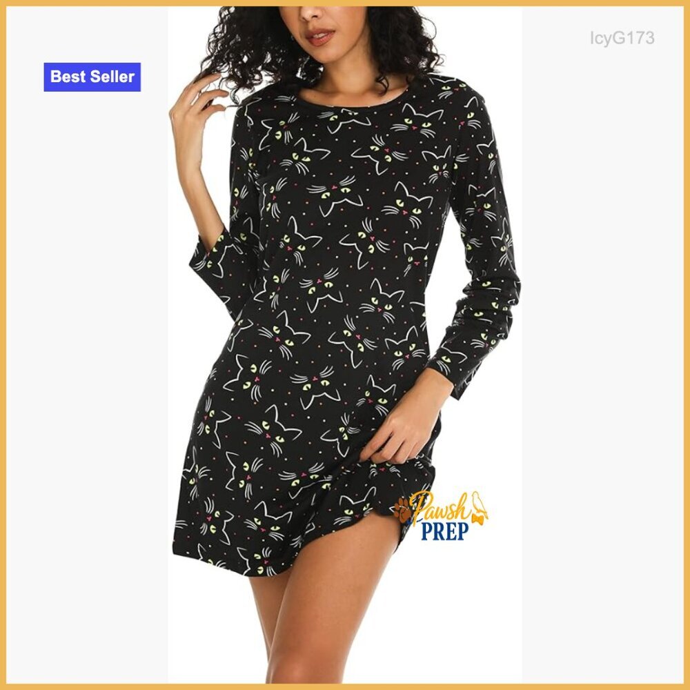 Cotton Blend Long Sleeve Nightgown Sleep Dress Loose Fit Above Knee